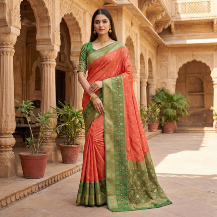 Coral Orange Silk Saree with Green Zari Border and Traditional Brocade Pallu