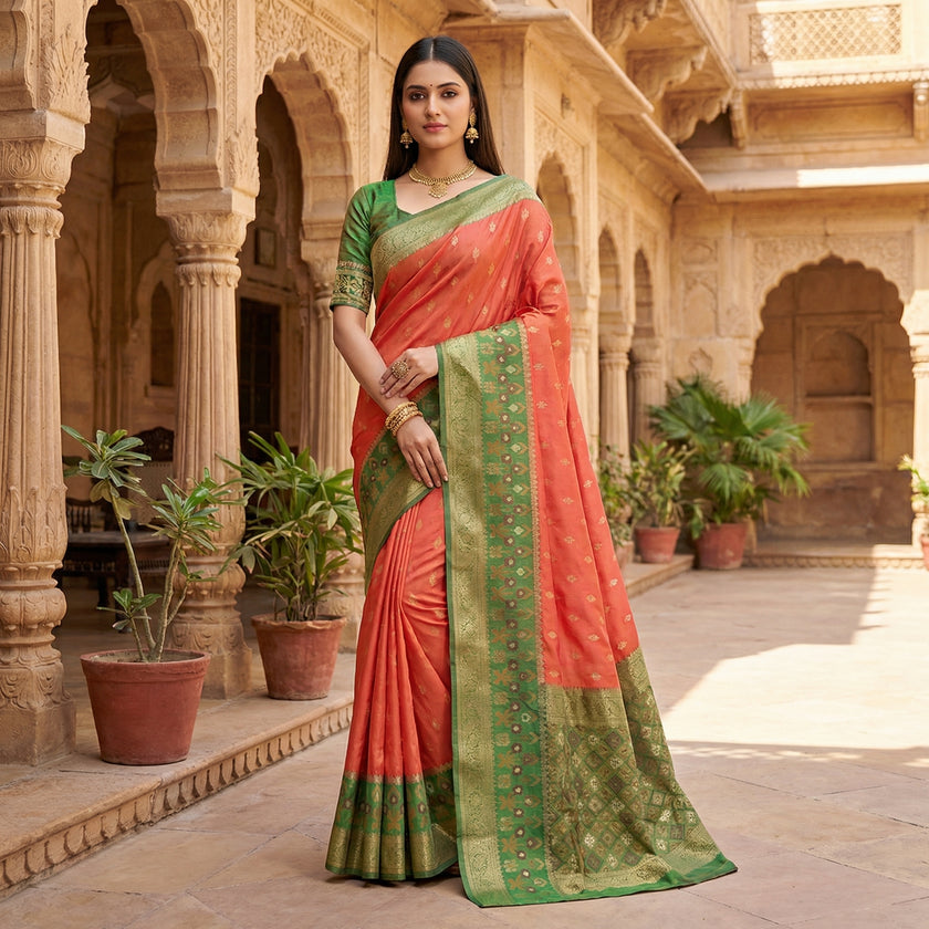 Coral Orange Silk Saree with Green Zari Border and Traditional Brocade Pallu