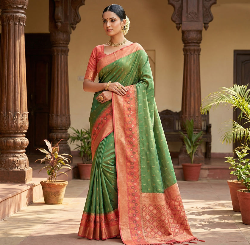 Bottle Green Silk Saree with Coral Zari Border and Traditional Woven Pallu