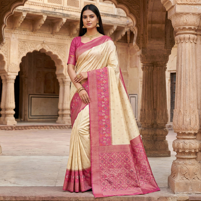 Ivory Silk Saree with Rose Pink Zari Border and Traditional Woven Pallu