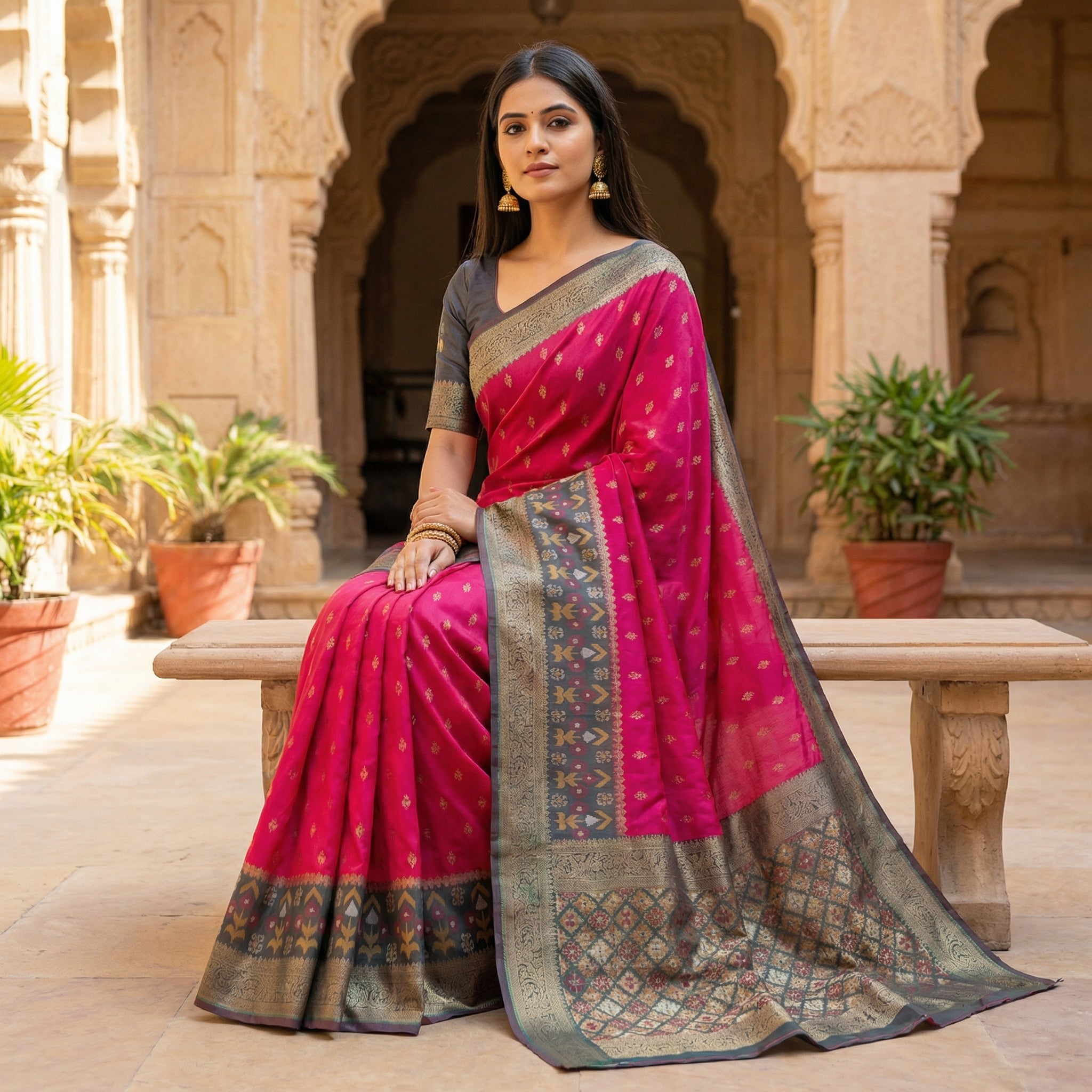Rani Pink Silk Saree with Antique Zari Border and Traditional Woven Pallu