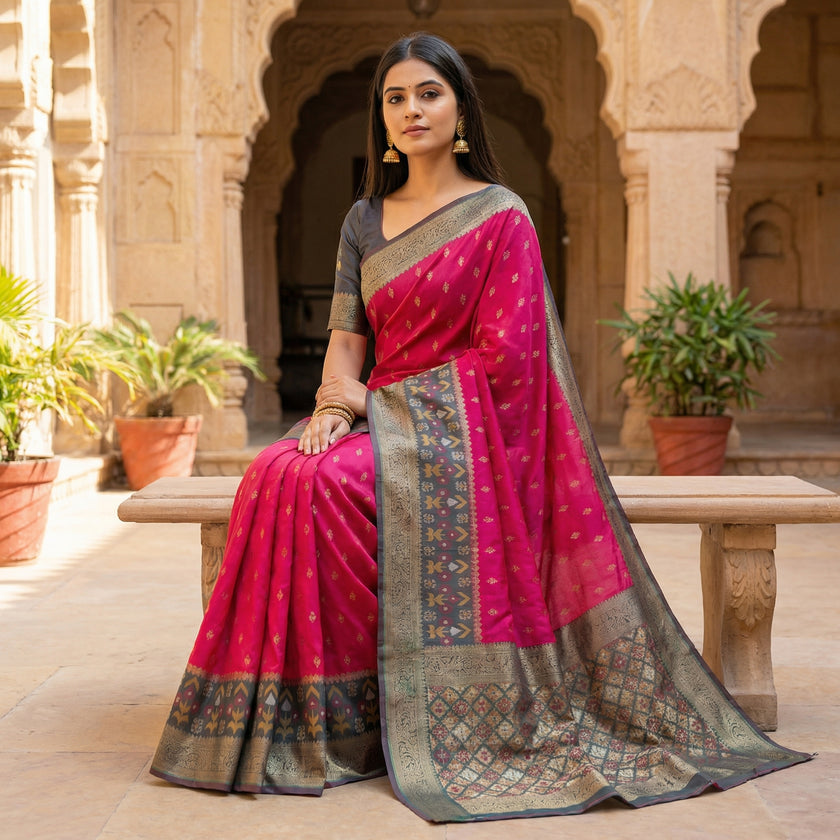 Rani Pink Silk Saree with Antique Zari Border and Traditional Woven Pallu