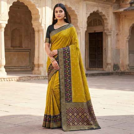 Mustard Yellow Silk Saree with Antique Zari Border and Traditional Woven Pallu