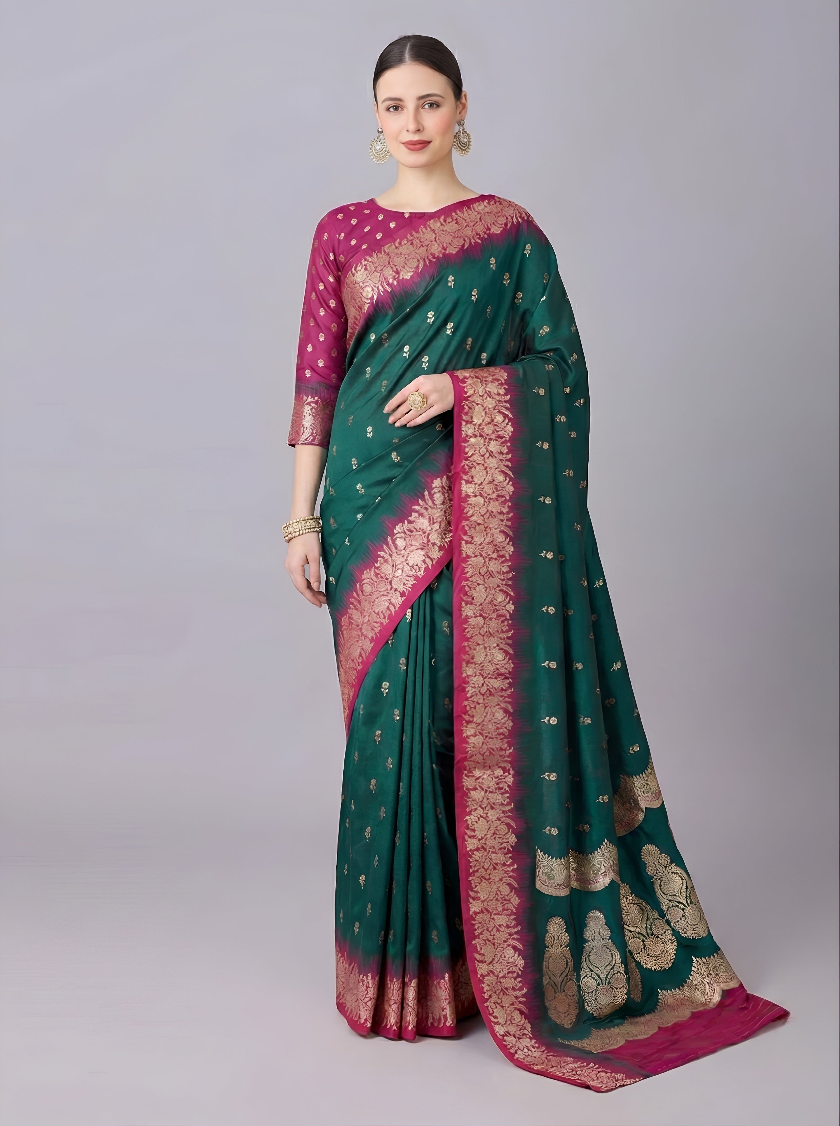 Bottle Green Silk Saree with Gold Zari Butta & Rani Pink Floral Border Pallu