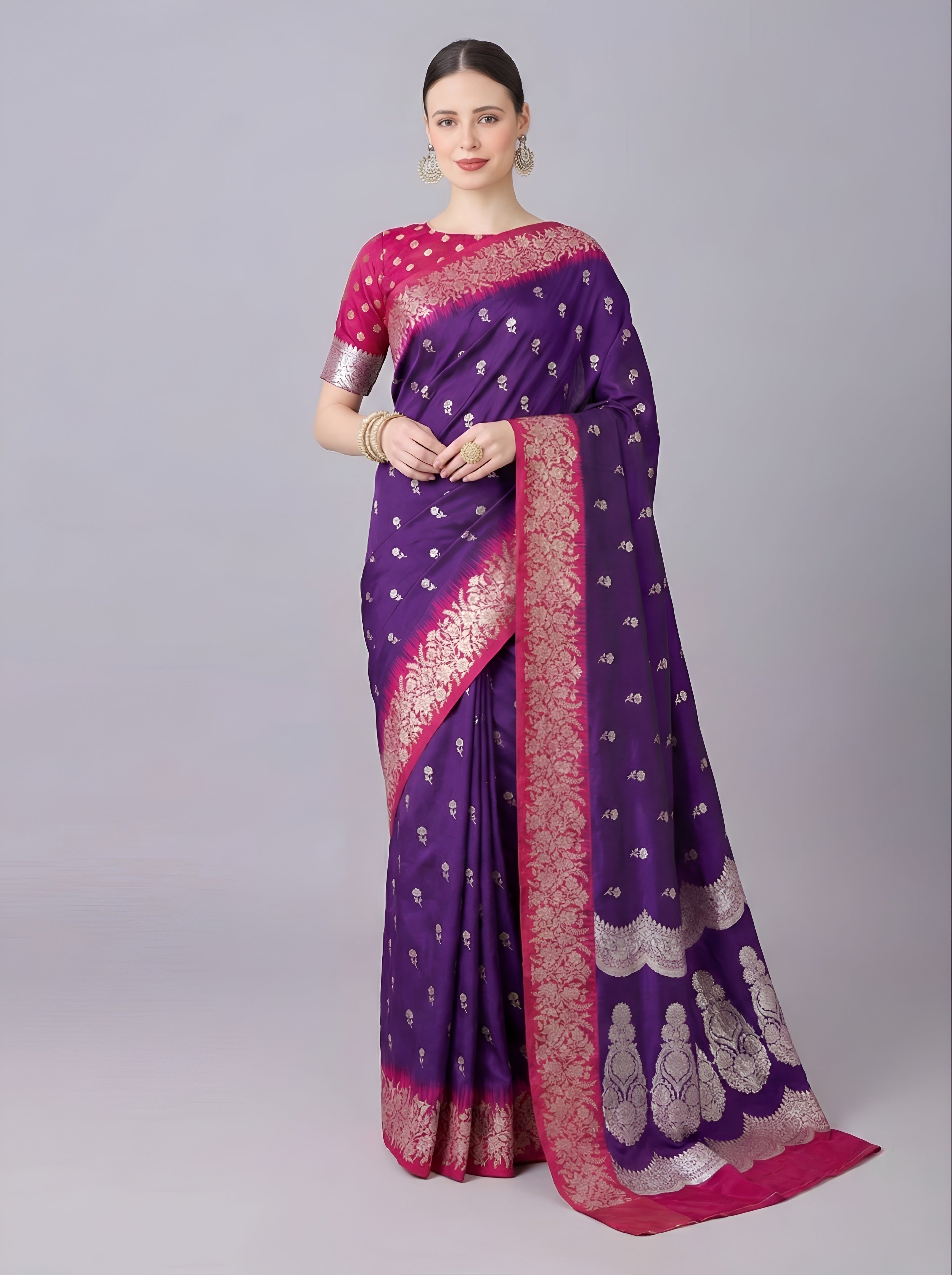 Royal Purple Silk Saree with Gold Zari Butta & Rani Pink Floral Border Pallu