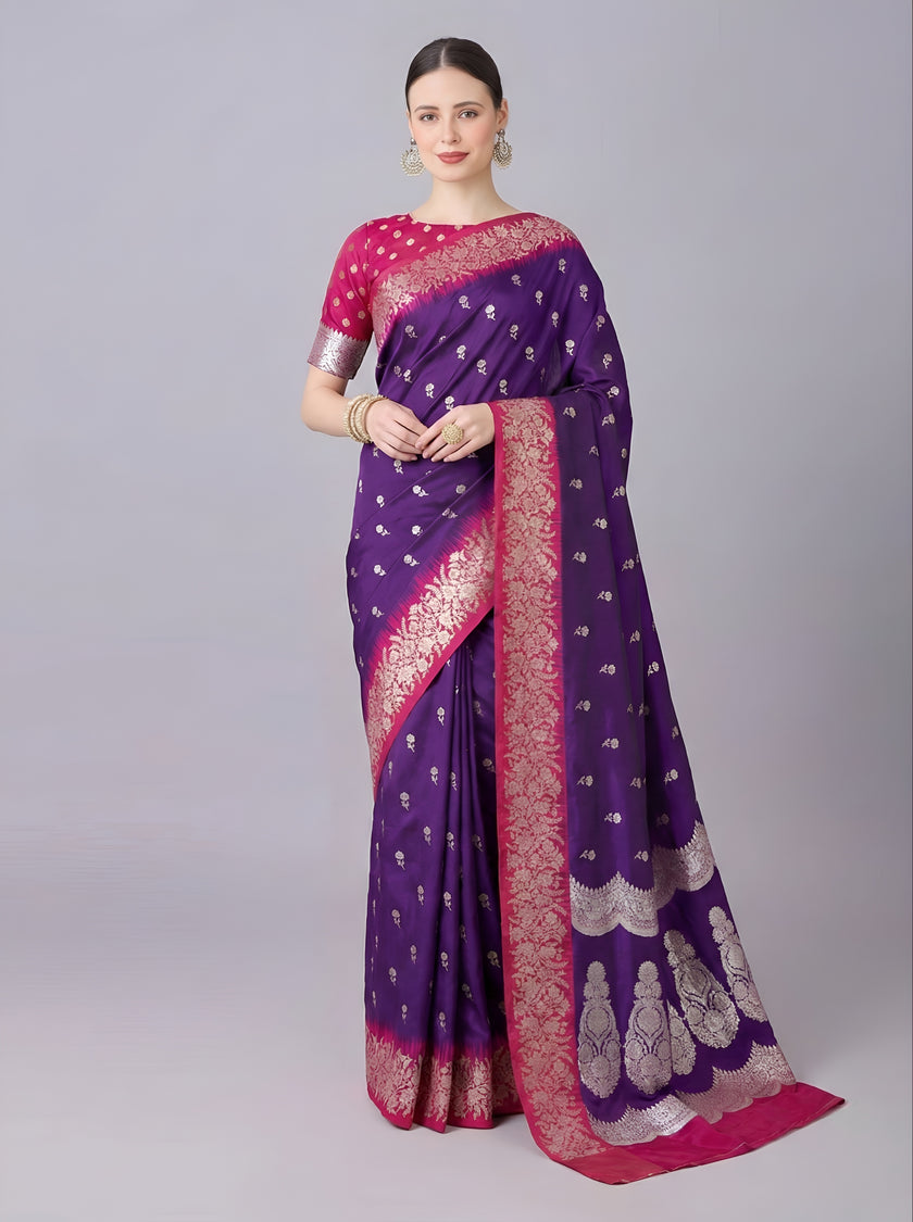 Royal Purple Silk Saree with Gold Zari Butta & Rani Pink Floral Border Pallu