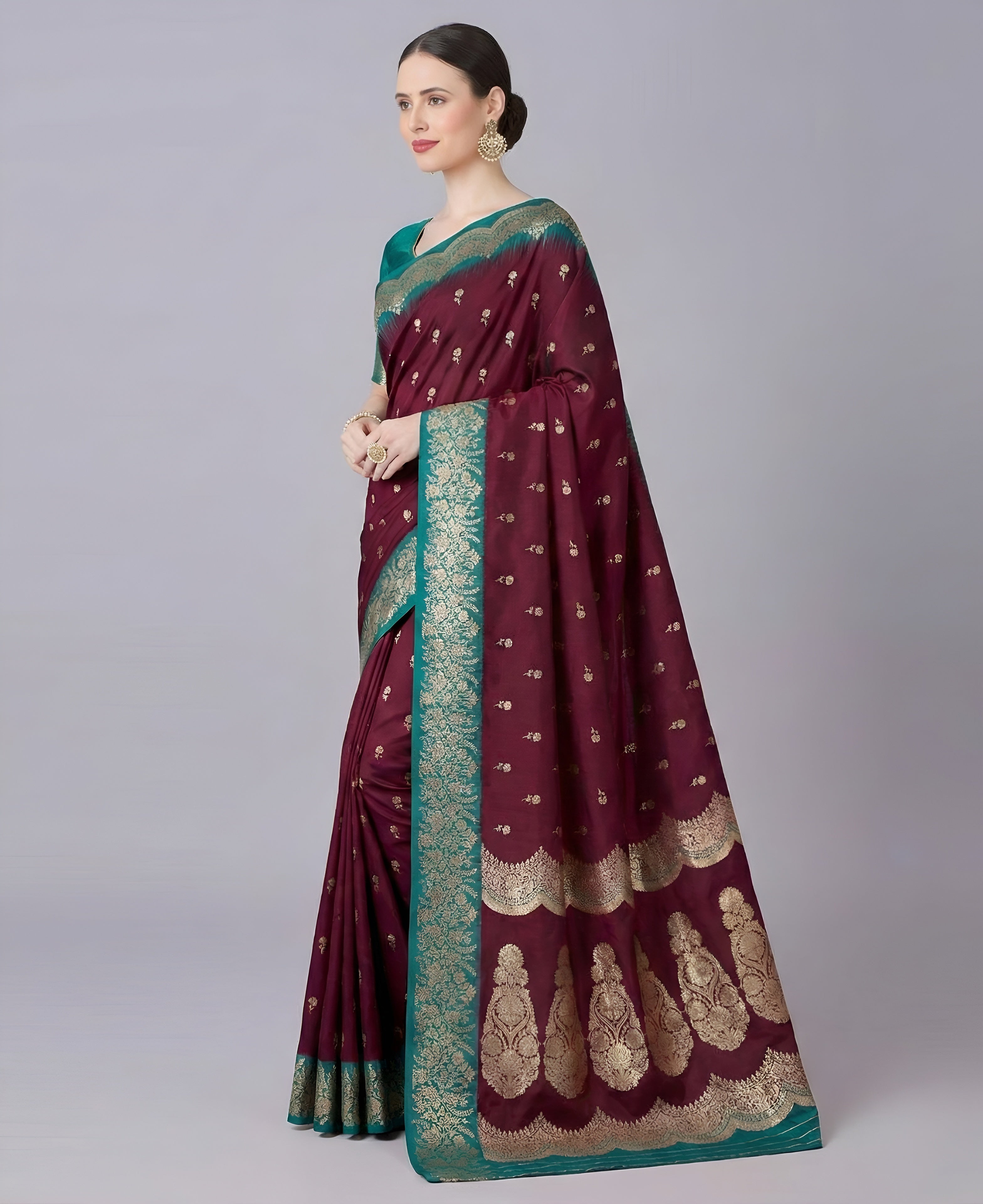 Wine Maroon Silk Saree with Gold Zari Butta & Teal Green Floral Border Pallu