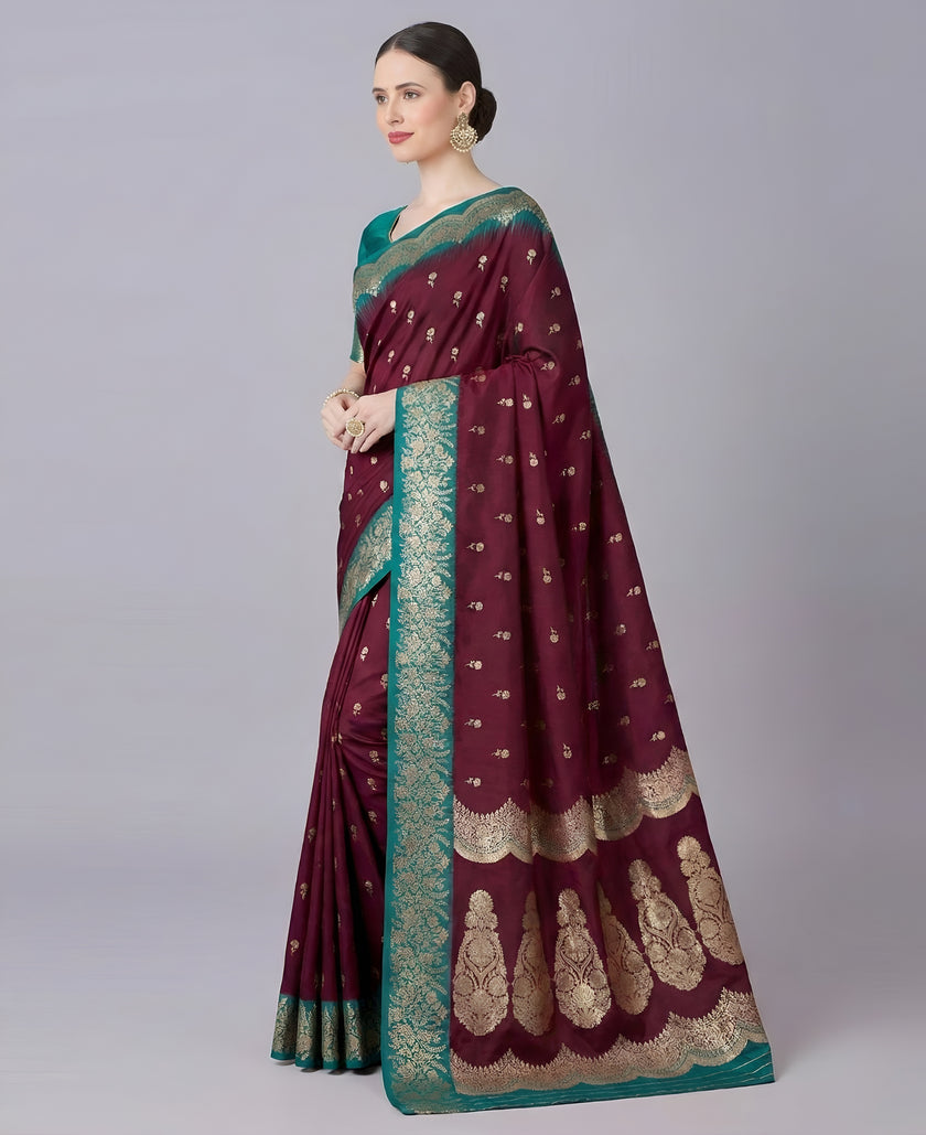 Wine Maroon Silk Saree with Gold Zari Butta & Teal Green Floral Border Pallu