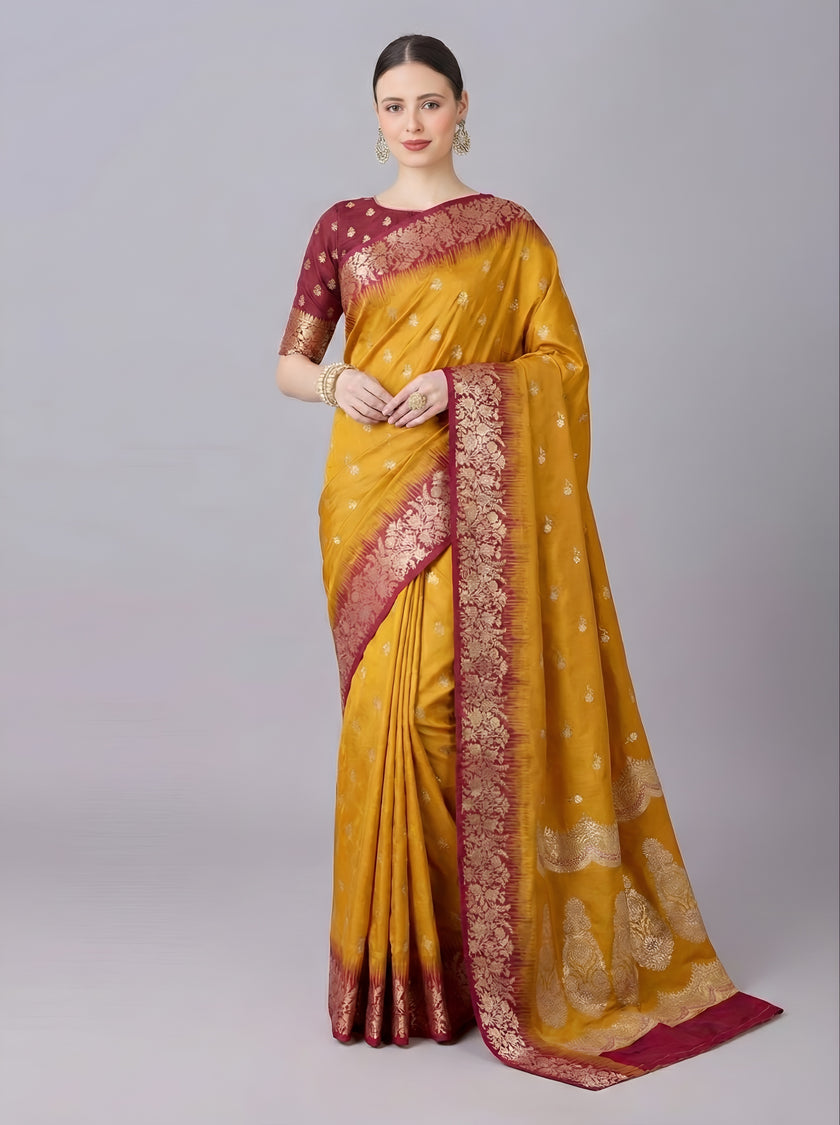Mustard Yellow Silk Saree with Gold Zari Butta & Rani Pink Floral Border Pallu