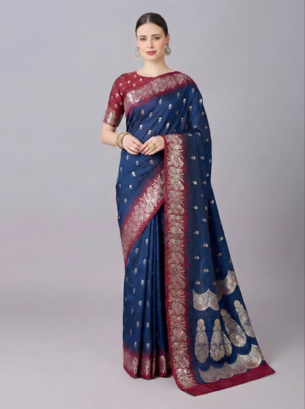 Premium Luxury Royal Blue Woven Silk Saree with Rich Zari Border & Designer Pallu
