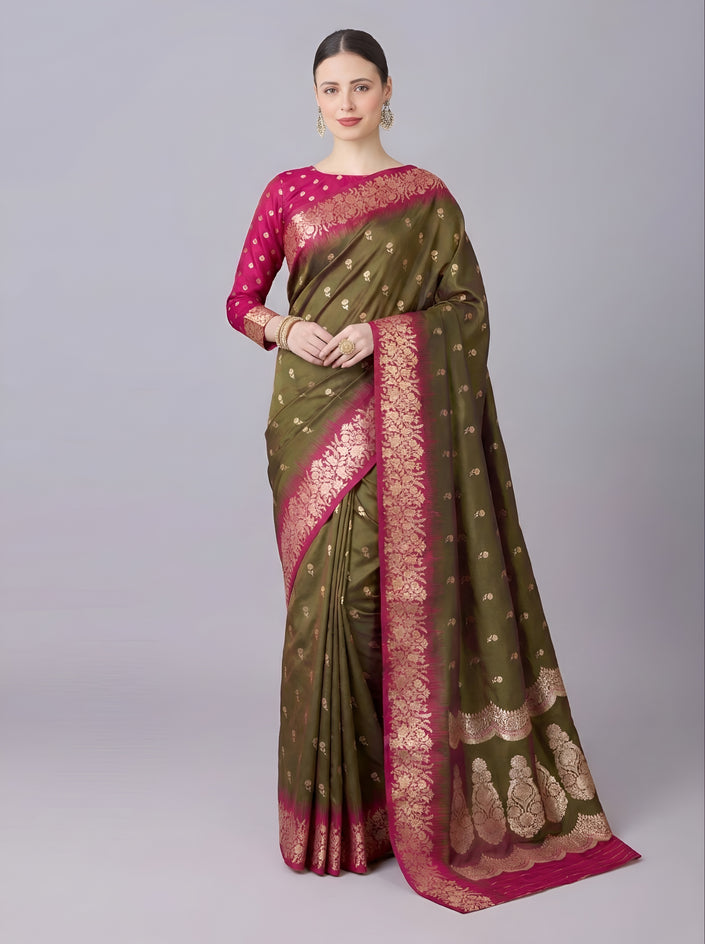 Premium Luxury Olive Green Silk Saree with Rich Pink Zari Border & Designer Pallu