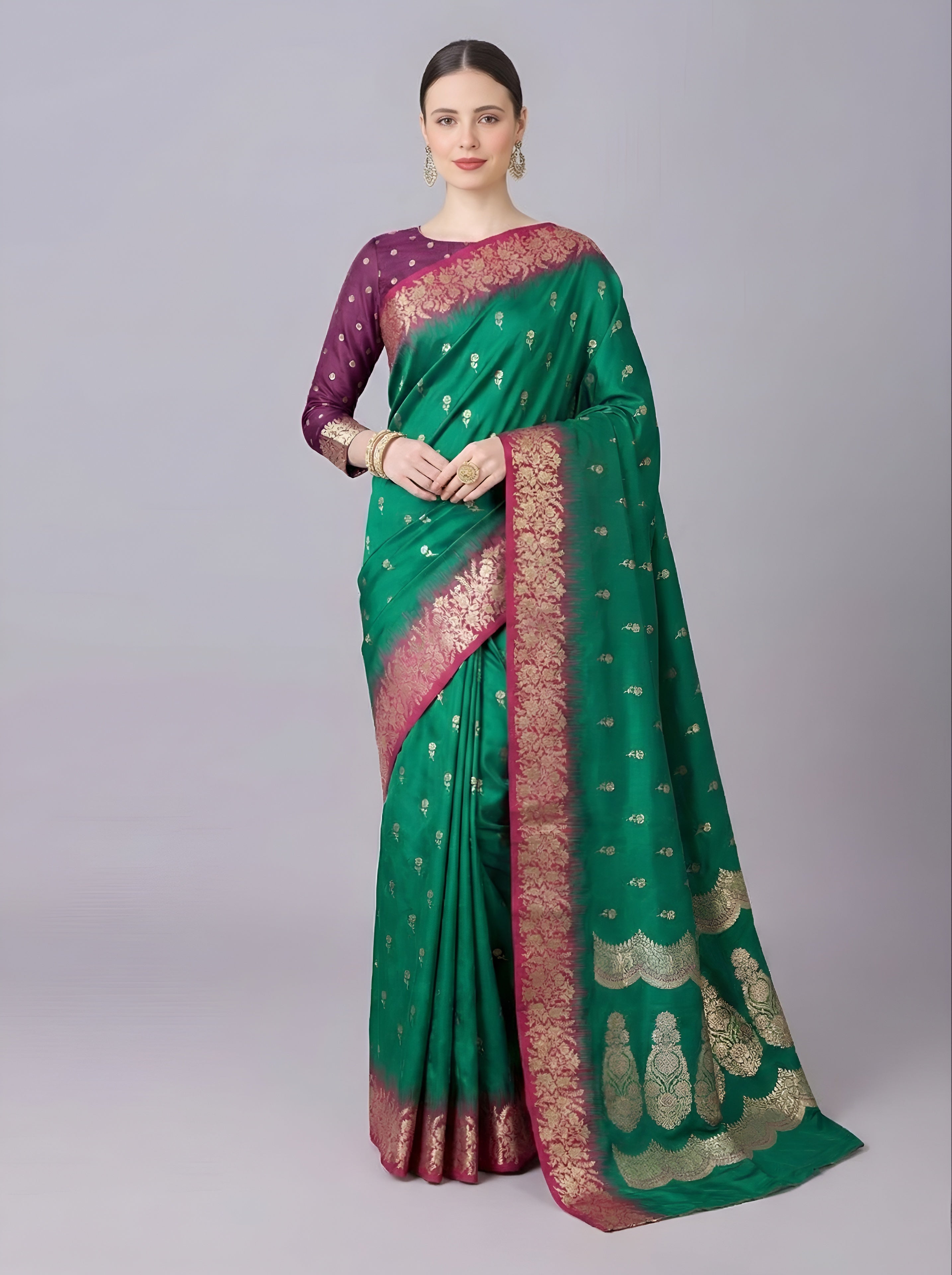 Premium Luxury Emerald Green Silk Saree with Rich Wine Zari Border & Grand Designer Pallu