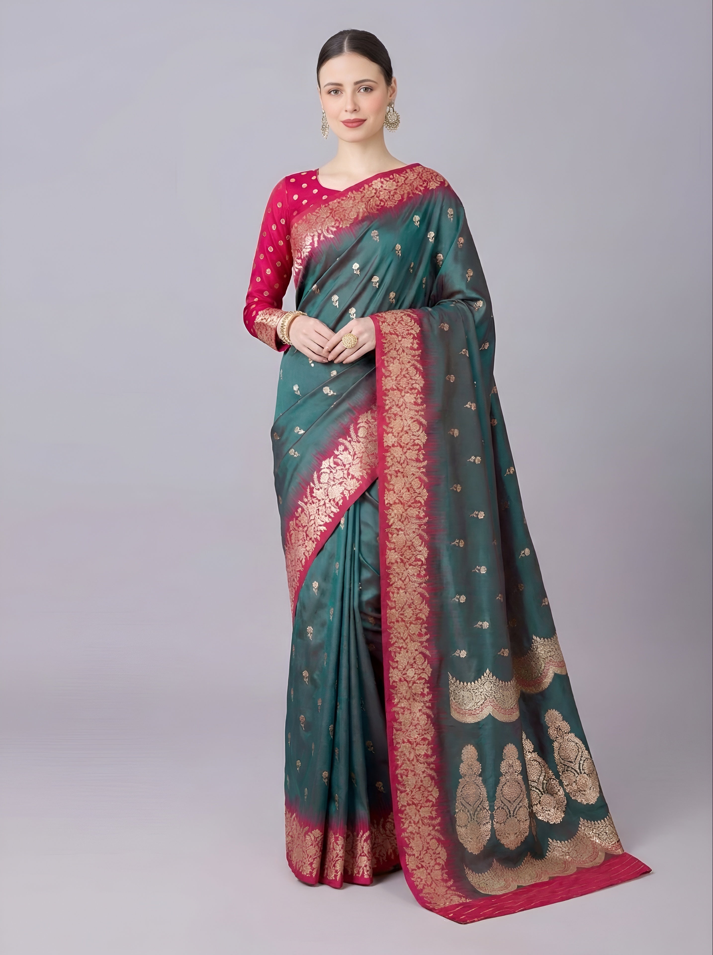 Premium Luxury Teal Green Silk Saree with Rich Rani Pink Zari Border & Royal Designer Pallu