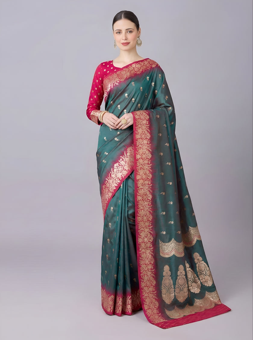Premium Luxury Teal Green Silk Saree with Rich Rani Pink Zari Border & Royal Designer Pallu