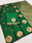 Emerald Green Banarasi Silk Saree with Artistic Bird Motifs & Heritage Zari Border