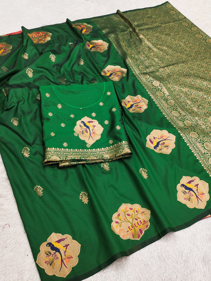 Emerald Green Banarasi Silk Saree with Artistic Bird Motifs & Heritage Zari Border