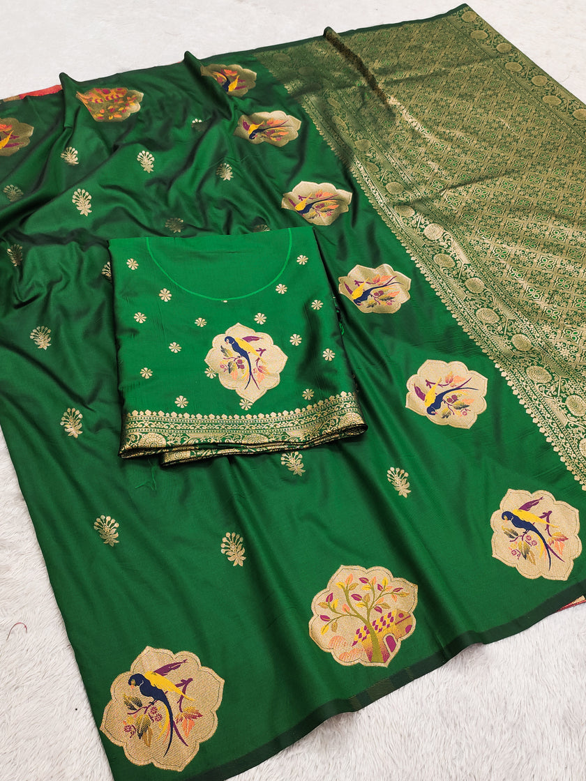 Emerald Green Banarasi Silk Saree with Artistic Bird Motifs & Heritage Zari Border