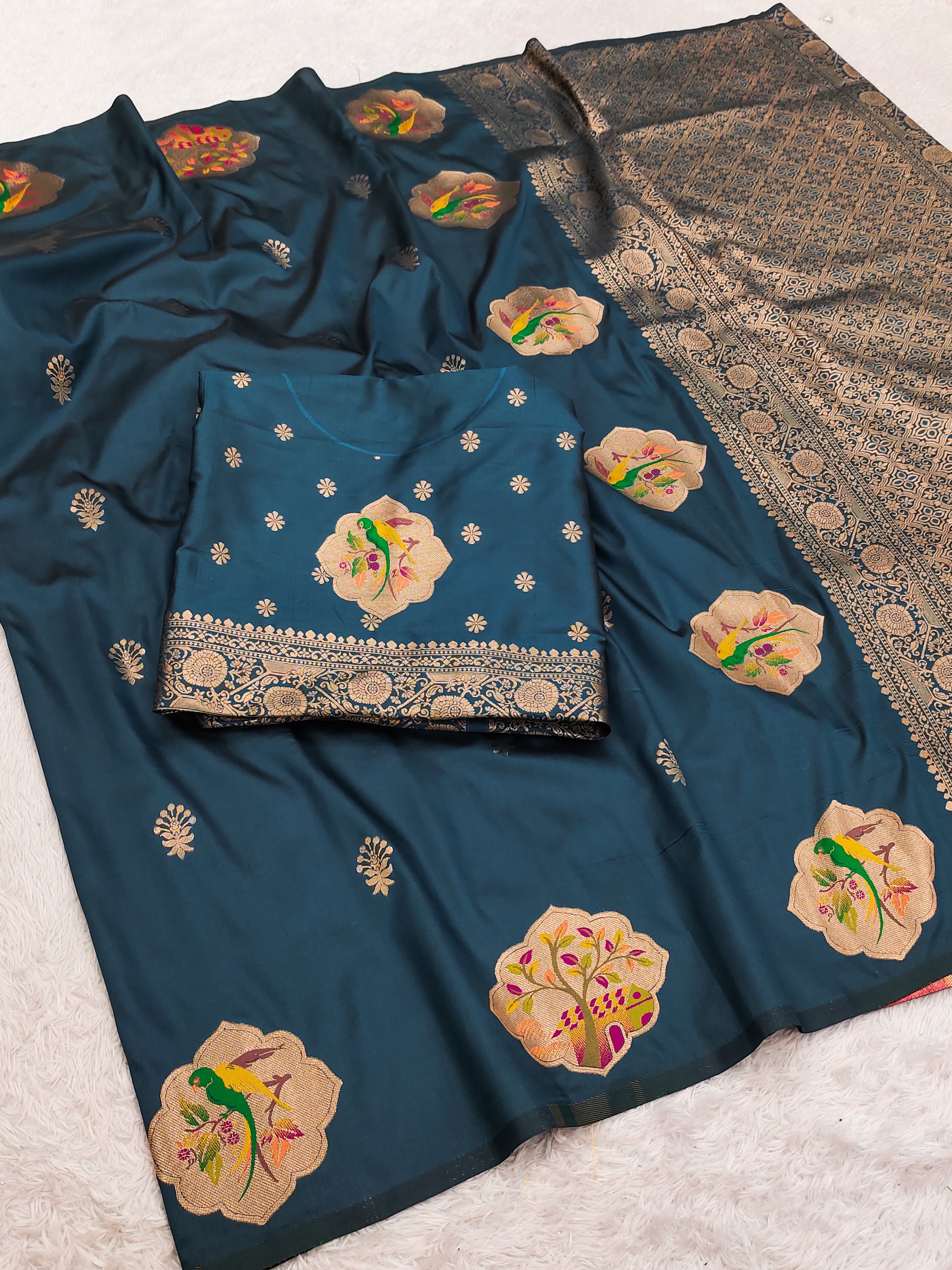 Deep Teal Blue Banarasi Silk Saree with Handwoven Bird Motifs & Heritage Zari Border