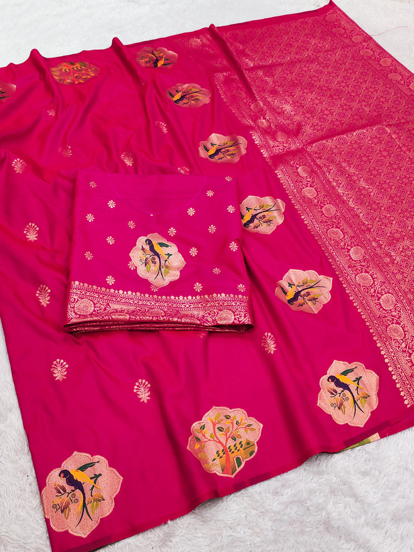 Royal Rani Pink Banarasi Silk Saree with Handwoven Bird Motifs & Antique Zari Border