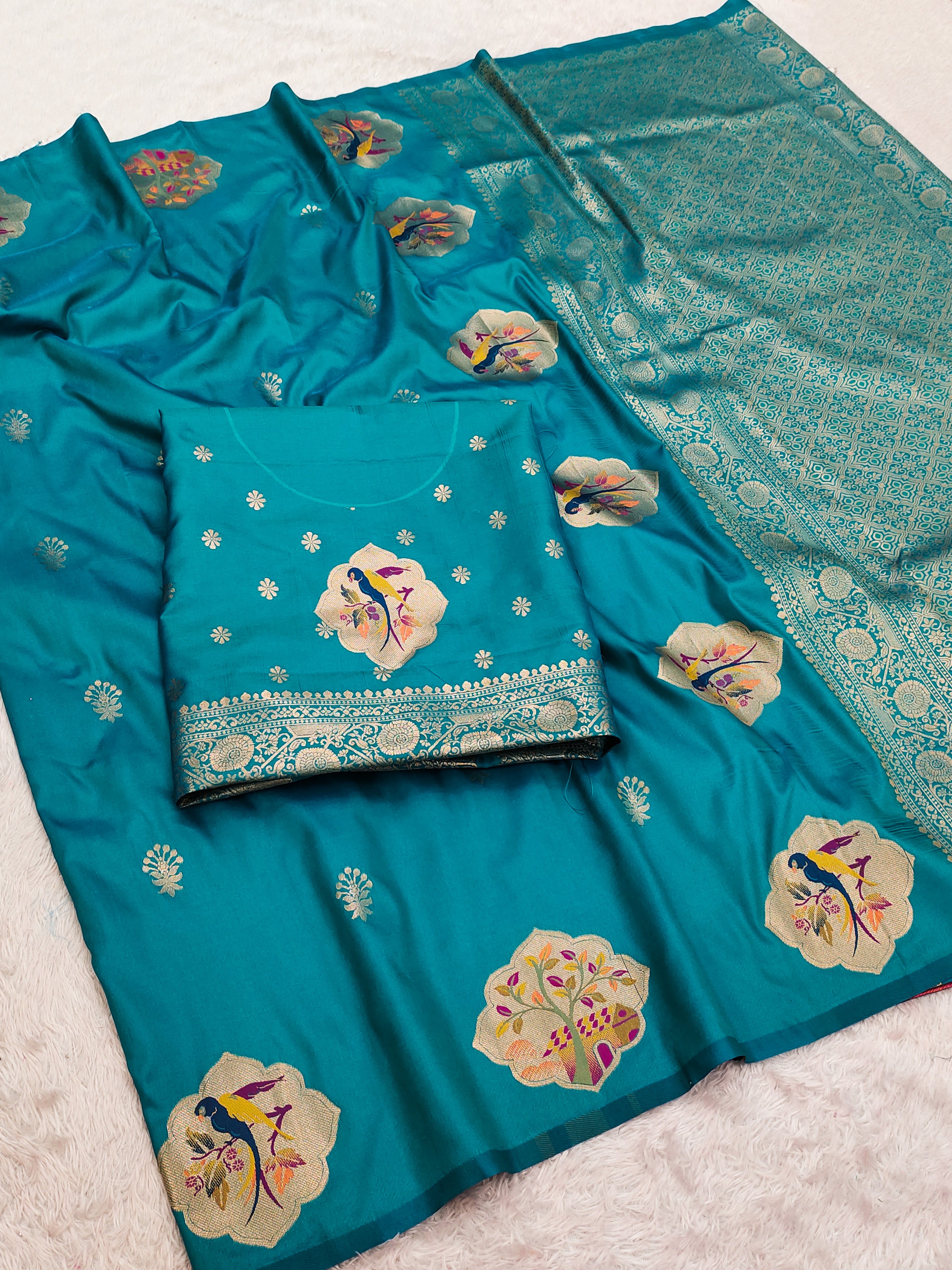 Royal Teal Blue Banarasi Silk Saree with Handwoven Bird Motifs & Antique Zari Border