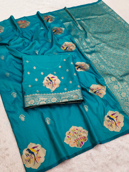 Royal Teal Blue Banarasi Silk Saree with Handwoven Bird Motifs & Antique Zari Border