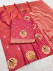 Rose Coral Pink Banarasi Silk Saree with Handwoven Bird Motifs & Antique Zari Border