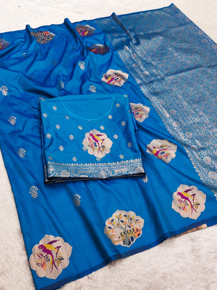 Royal Cobalt Blue Banarasi Silk Saree with Handwoven Bird Motifs & Grand Zari Pallu