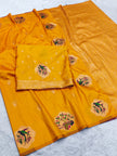 Royal Kesariya Yellow Banarasi Silk Saree with Handwoven Bird Motifs & Grand Zari Pallu