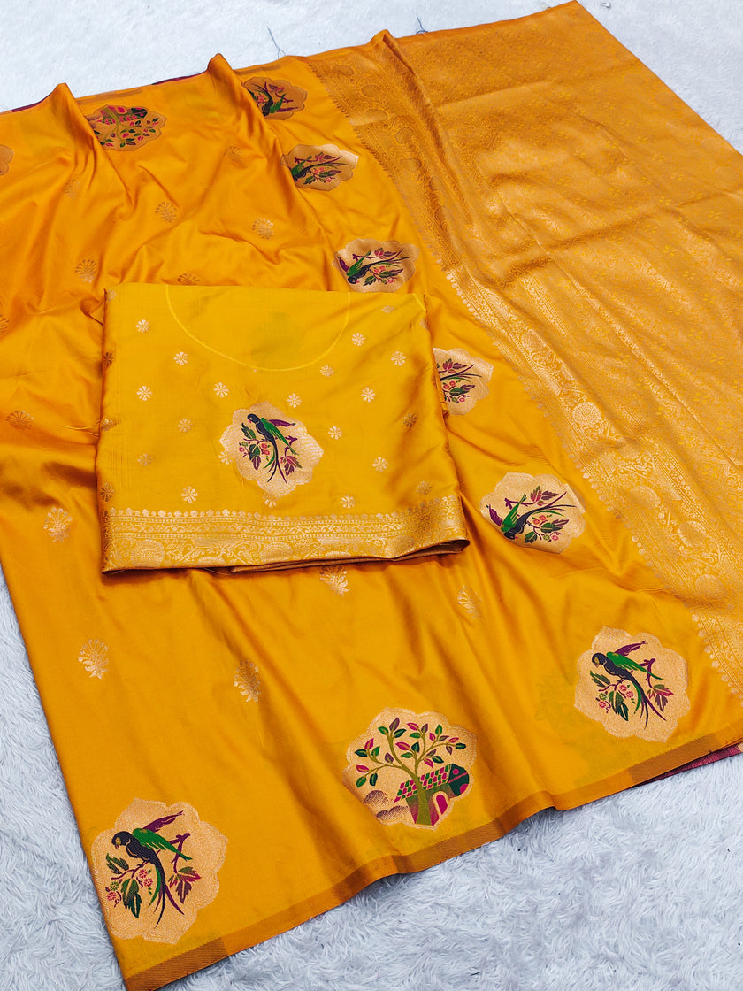 Royal Kesariya Yellow Banarasi Silk Saree with Handwoven Bird Motifs & Grand Zari Pallu
