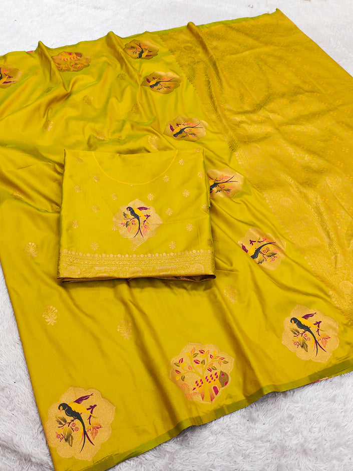 Royal Mustard Yellow Banarasi Silk Saree with Handwoven Bird Motifs & Antique Zari Pallu