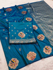 Royal Teal Blue Banarasi Silk Saree with Handwoven Bird Motifs & Antique Zari Pallu
