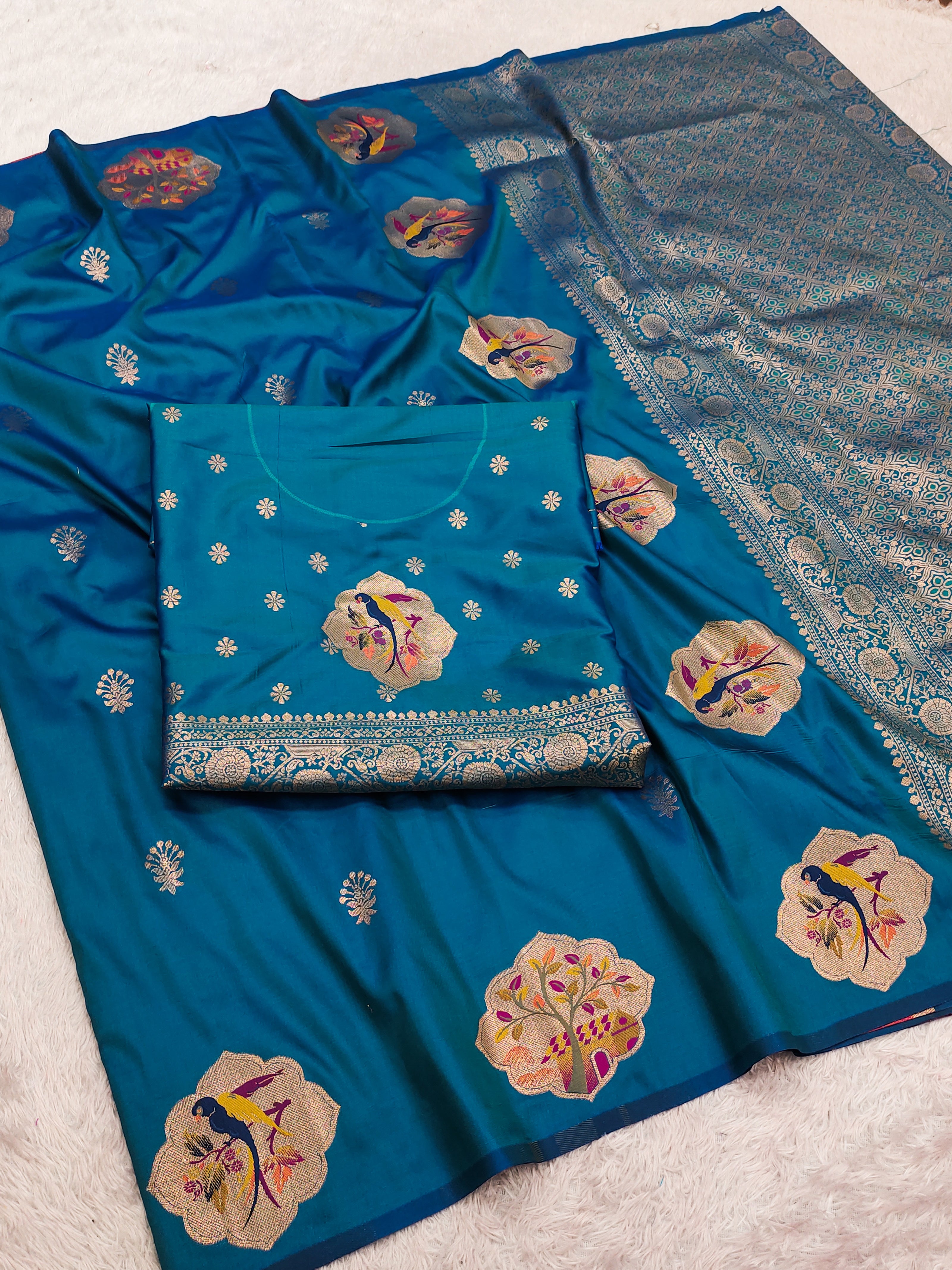 Royal Teal Blue Banarasi Silk Saree with Handwoven Bird Motifs & Antique Zari Pallu