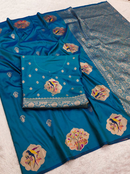 Royal Teal Blue Banarasi Silk Saree with Handwoven Bird Motifs & Antique Zari Pallu