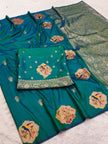 Emerald Teal Banarasi Silk Saree with Handwoven Bird Motifs & Antique Zari Pallu