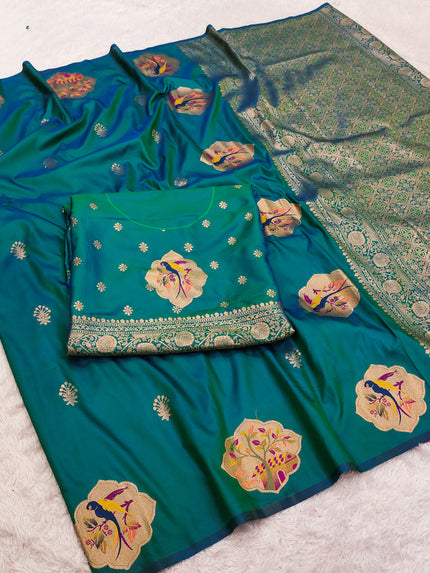 Emerald Teal Banarasi Silk Saree with Handwoven Bird Motifs & Antique Zari Pallu