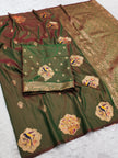 Olive Coffee Green Banarasi Silk Saree with Handwoven Bird Motifs & Antique Zari Border
