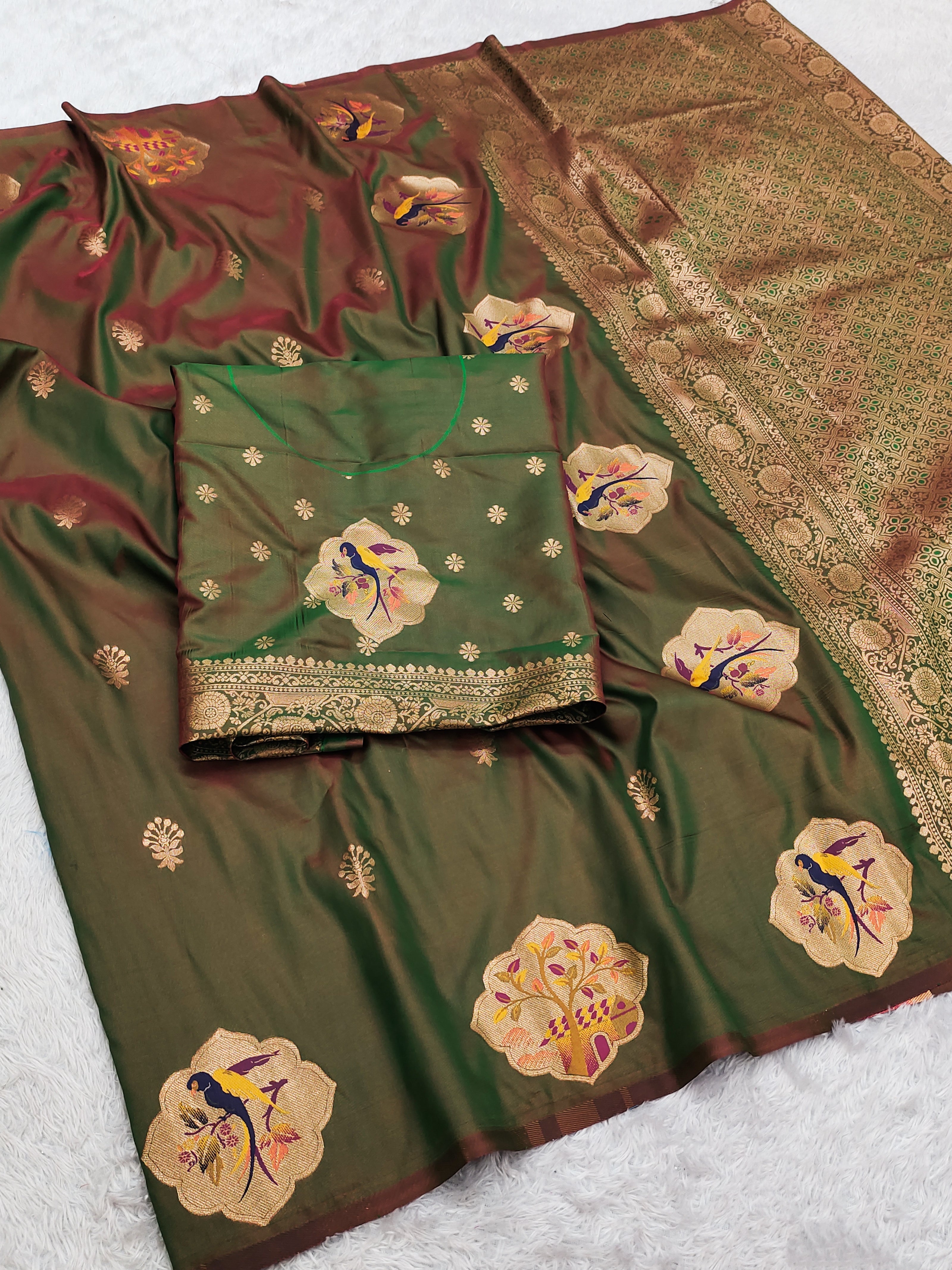 Olive Coffee Green Banarasi Silk Saree with Handwoven Bird Motifs & Antique Zari Border