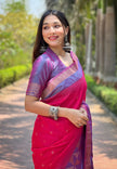 Dark Pink Soft Silk Floral Border Contrast Zari Woven Saree