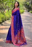Violet Blue Contrast Zari Woven Chaand Yeola Paithani Silk Saree