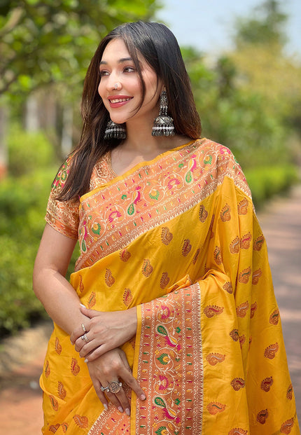 Yellow Original Maharashtrian Meenakari Yeola Paithani Silk Zari Woven Saree