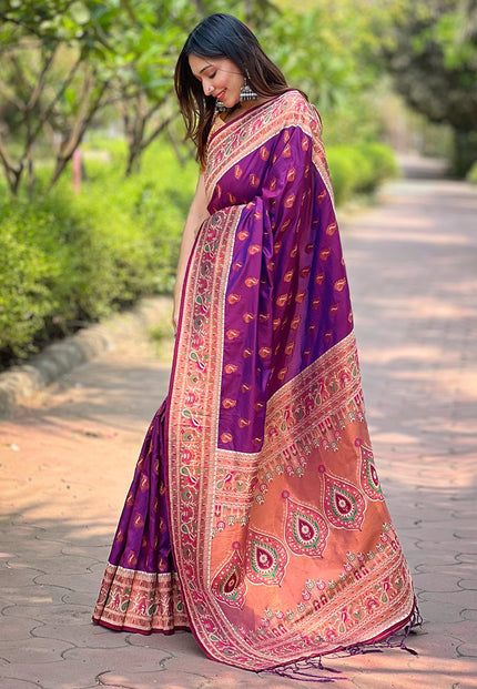 Purple Original Maharashtrian Meenakari Yeola Paithani Silk Zari Woven Saree