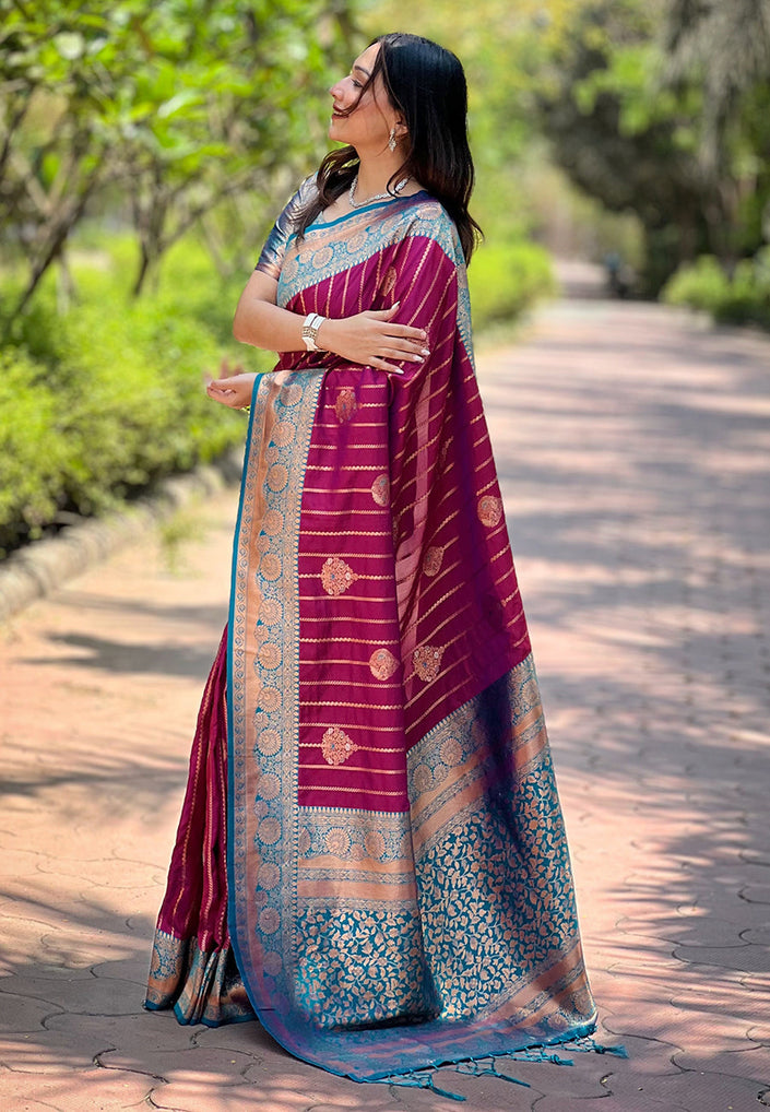 Maroon Soft Silk Contrast Zari Woven Saree