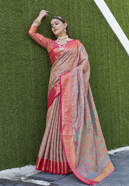 Chiku Colour Soft Kashmiri Silk Saree Wiht Zari Woven