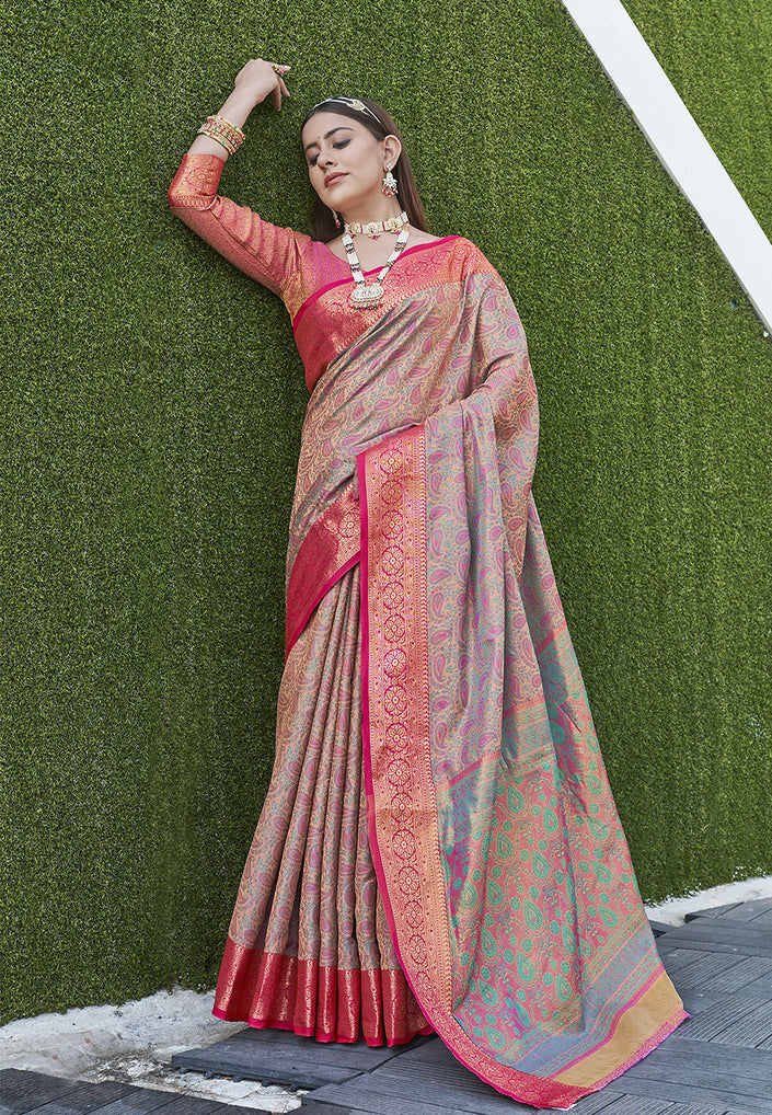 Chiku Colour Soft Kashmiri Silk Saree Wiht Zari Woven