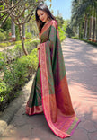 Green Soft Kashmiri Silk Zari Woven Contrast Saree