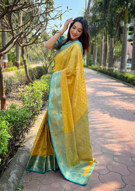 Yellow Kanchipuram Tissue Silk Traditional Zari Woven Saree