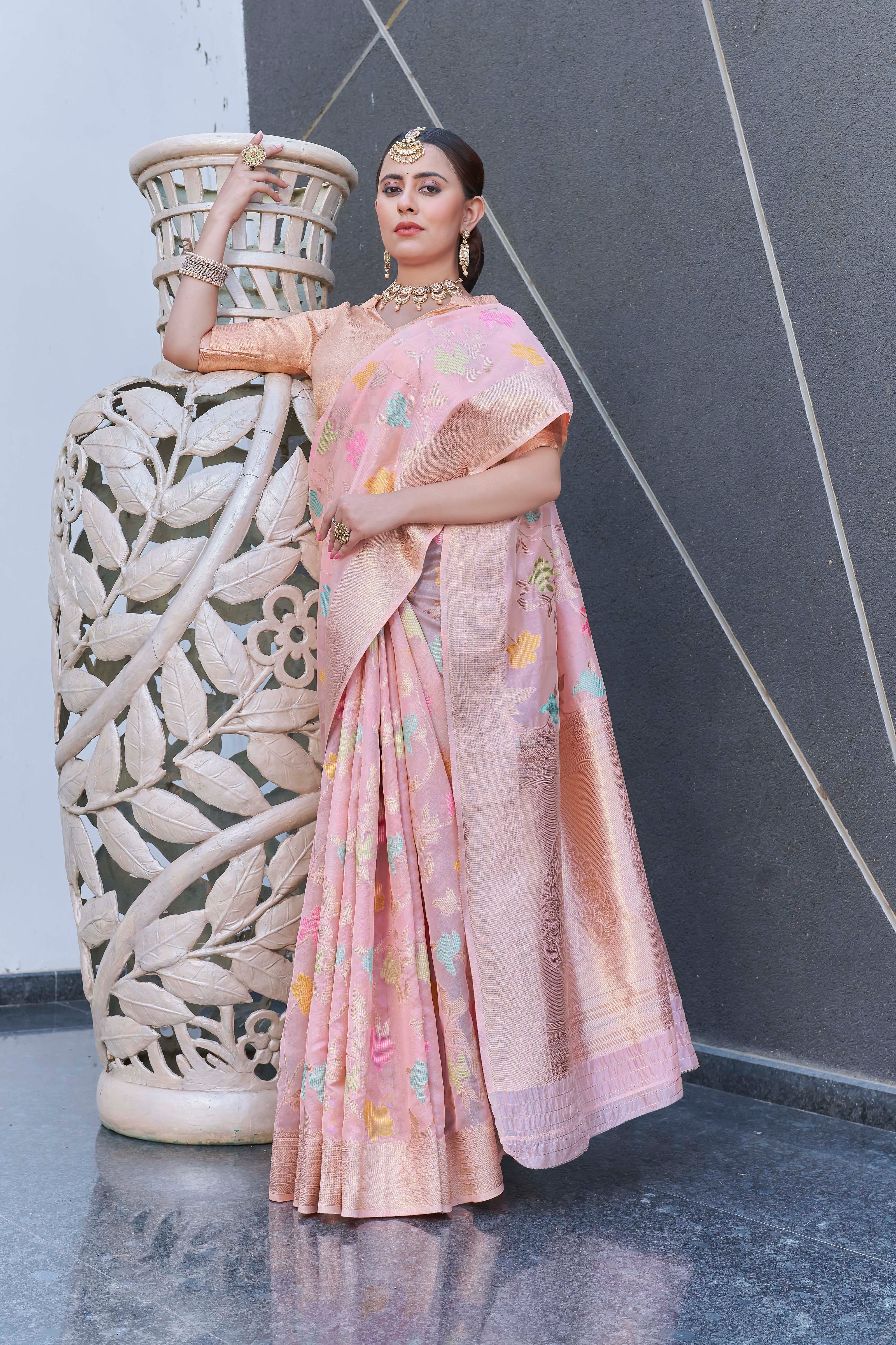 Baby Pink Organza Jaal Zari Woven Saree