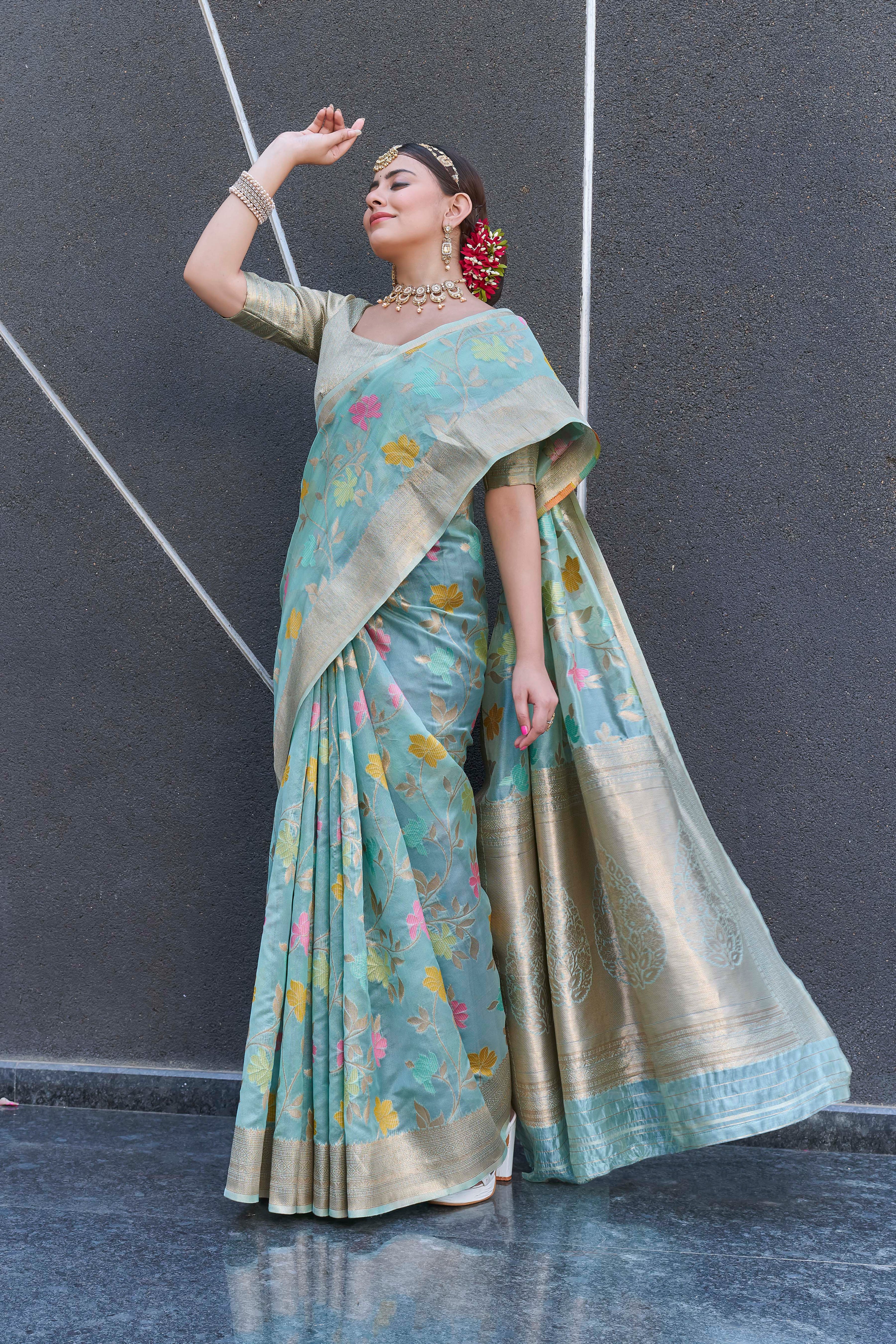 Sky Blue Organza Jaal Zari Woven Saree