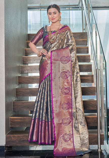 Kanchipuram Silk Jaal Rich Zari Woven Navy Colour Saree