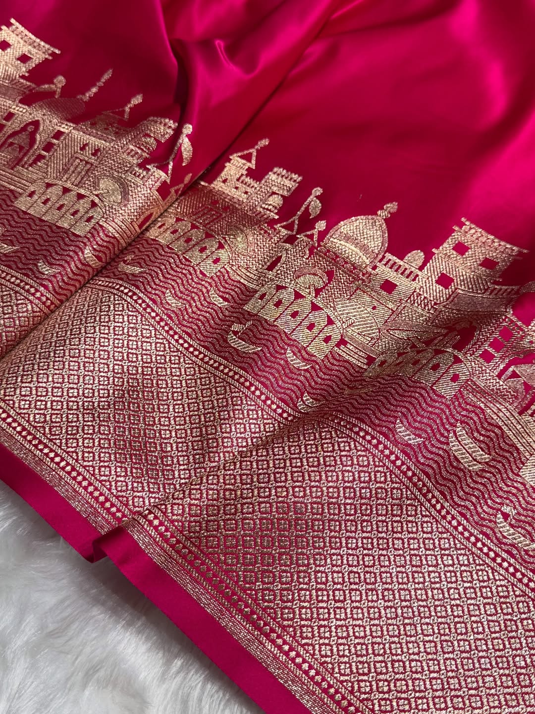 Rani Pink Banarasi Satin Katan Silk Saree with Traditional Ghat Zari Border